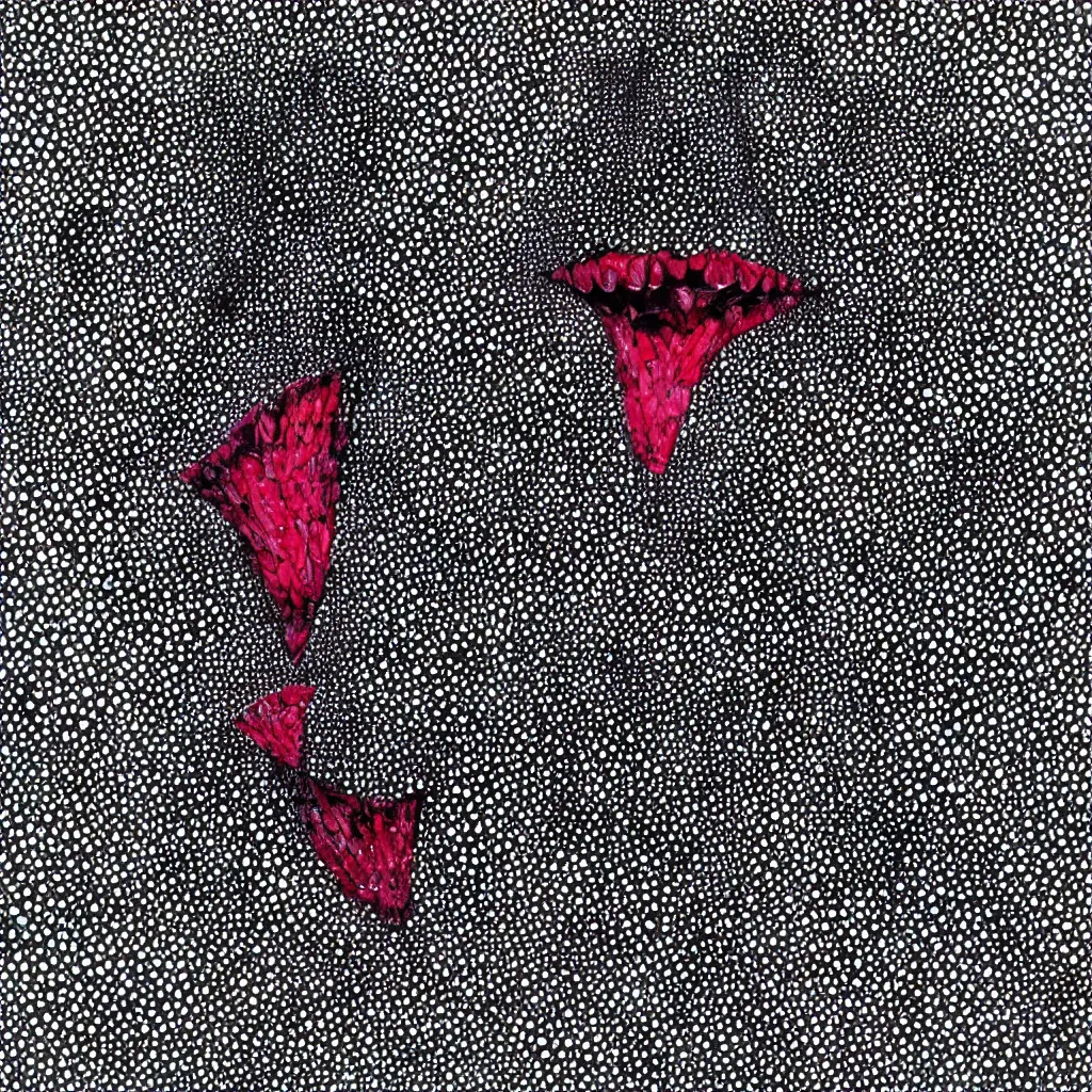 Image similar to camo made of teeth, smiling, abstract, rei kawakubo artwork, cryptic, dots, stipple, lines, splotch, color tearing, pitch bending, color splotches, hearts, dark, ominous, eerie, minimal, points, technical, old painting