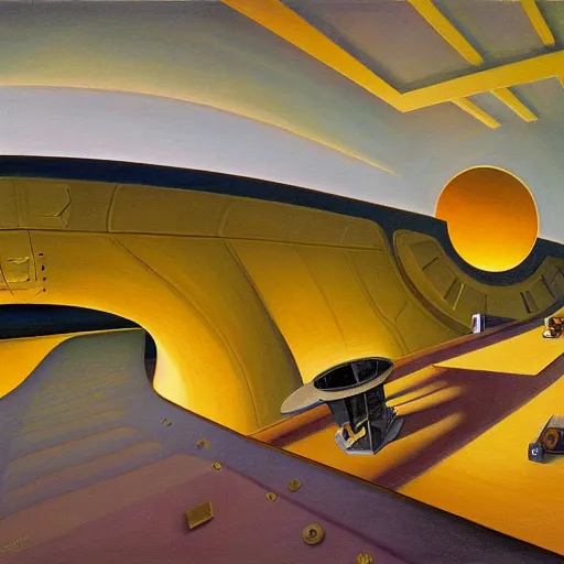Prompt: sci - fi space ship rounded corridor, grant wood, pj crook, edward hopper, oil on canvas