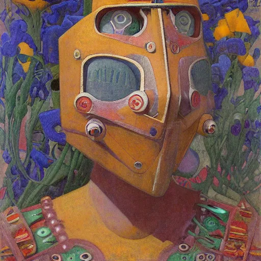 Image similar to a robot wearing a mask made of flowers, by annie swynnerton and diego rivera and nicholas roerich and jean delville, symbolist, dramatic lighting, elaborate geometric ornament, art brut, soft cool colors, smooth, sharp focus, extremely detailed, adolf wolfli and donato giancola and dan munford