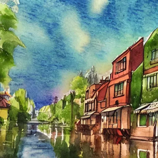 Image similar to Beautiful happy picturesque charming sci-fi town in harmony with nature. Beautiful light. Water and plants. Nice colour scheme, soft warm colour. Beautiful detailed artistic watercolor by Olivia. (2022)