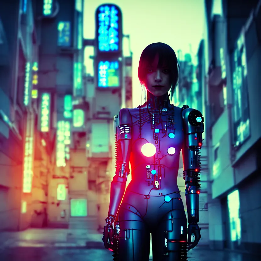 Image similar to a photo close up cyberpunk cyborg girl stands in a cyberpunk hiroshima, prefecture streets, sunset, photorealistic, cinematic lighting, very detailed, style by tomino - sama