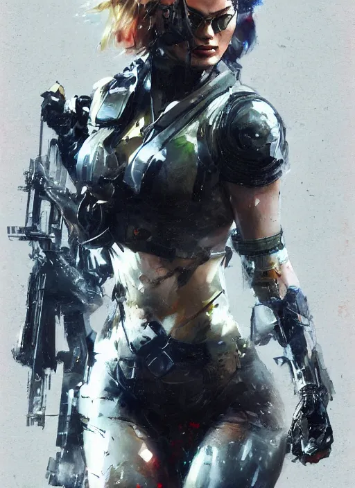 Prompt: Margot Robbie wearing metal gear armor holding gun dramatic lighting art by Yoji Shinkawa by Richard Schmid by greg rutkowski by Sandra Chevrier by Jeremy Lipking cinematic dramatic