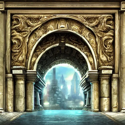 Image similar to carved futuristic gateway at the end of ancient ornate steps with a wide view of city which details the vast architectural scientific and cultural achievements of all humankind, complex composition, molecules, renato muccillo, andreas rocha, jorge jacinto, damian kryzwonos, ede laszlo, artstation, digital art, high contrast, cinematic blue and gold