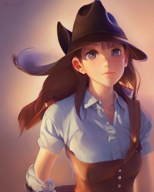 Image similar to a very cute cowgirl wearing a cat hat, medium shot, ambient lighting, visible and detailed face, by makoto shinkai, stanley artgerm lau, wlop, rossdraws