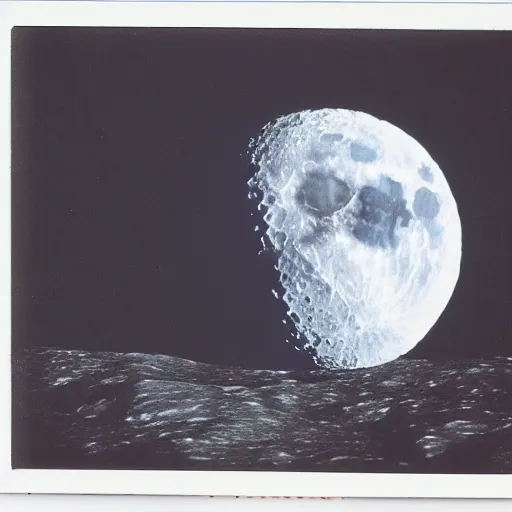 Image similar to the earth rising behind the moon's surface, taken by a polaroid camera.