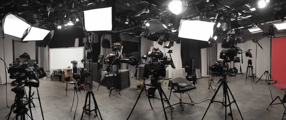 Image similar to photo of a movie set, green screen in the back, cameras and camera operators in the front, studio, movie set, realistic, studio lighting