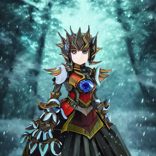 Prompt: portrait focus of knight beautiful 3D anime girl, octopus armor wearing, dark forest background, snowing, bokeh, inspired by Masami Kurumada, digital painting, high contrast, unreal engine render, volumetric lighting, high détail