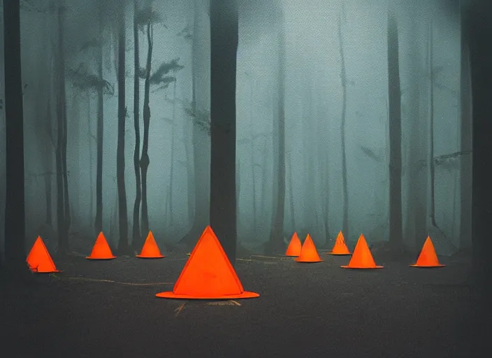 Image similar to a few orange safety cones in a beautiful strange forest, a lonely black hairy beast in the distance, cinematic painting by james jean, atomspheric lighting, moody lighting, dappled light, detailed, digital art, limited color palette, wes anderson, 2 4 mm lens, surreal