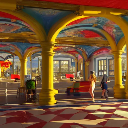 Prompt: the boarding gate of a colorful airport terminal in the baroque architectural style from 1 7 0 0 s europe, with travellers walking around and planes visible through the windows, octane render, unreal engine, photorealistic, filled with natural light