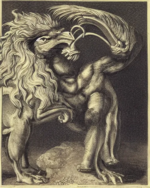 Image similar to a creature with the body and eyes of a man, with the beak of an eagle, the mane of a lion, and the horns of an ox. drawn by francis bacon