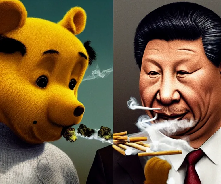 Image similar to hyperrealism movie still photography of real detailed drunk xi jinping with detailed face smoking detailed weed in detailed basement bedroom with drunk winnie the pooh hyperrealism photography by araki nobuyoshi