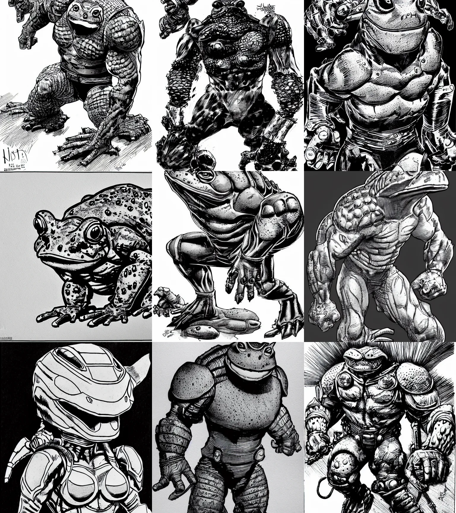 Prompt: toad animal!!! jim lee!!! full shot!! flat grayscale ink sketch by jim lee close up in the style of jim lee, cyborg! horror terrifying armored hunter hulk toad animal looks at the camera by jim lee