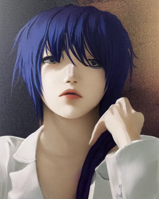 Prompt: touka kirishima from tokyo ghoul as a barista, in a coffee shop, dark blue hair, modern fashion, half body shot, photo by greg rutkowski, female beauty, f / 2 0, symmetrical face, warm colors, natural indoor lighting, depth of field