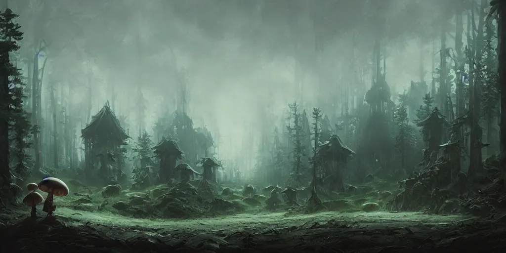 Image similar to ominous and powerful glowing mushroom kingdom, dark fantasy, Greg Rutkowski and Studio Ghibli and Ivan Shishkin