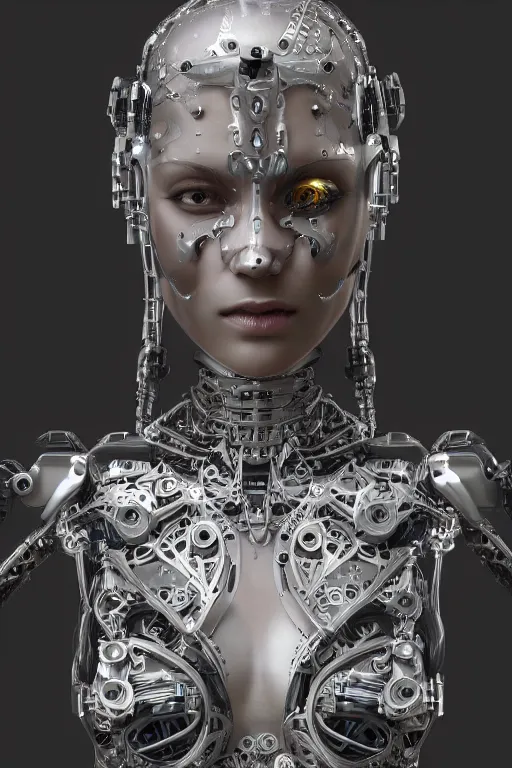 Image similar to a beautiful and young fully cybernetic female with a body mostly made of mechanical parts adorned digital detail and some ornate geometric carvings female human face, intricate, elegant, very detailed, hyper real, octane render, 8k, trending on Artstation