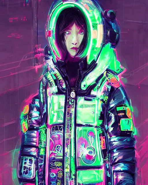 Image similar to detailed portrait Neon Operator Girl, cyberpunk futuristic neon, reflective puffer jacket, black leggings, decorated with traditional Japanese ornaments by Ismail inceoglu dragan bibin hans thoma !dream detailed portrait Neon Operator Girl, cyberpunk futuristic neon, reflective puffy coat, decorated with traditional Japanese ornaments by Ismail inceoglu dragan bibin hans thoma greg rutkowski Alexandros Pyromallis Nekro Rene Maritte Illustrated, Perfect face, fine details, realistic shaded, fine-face, pretty face