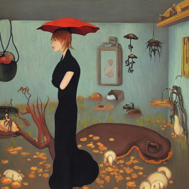 Image similar to tall female emo artist holding a pig in her flooded bathroom, mushrooms, octopus, water gushing from ceiling, painting of flood waters inside an artist's bathroom, a river flooding indoors, pomegranates, pigs, ikebana, zen, river, rapids, waterfall, black swans, canoe, berries, acrylic on canvas, surrealist, by magritte and monet