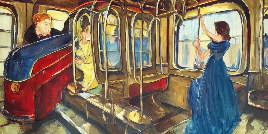 Prompt: mysterious painting of Hogwarts train and a beautiful female conductor