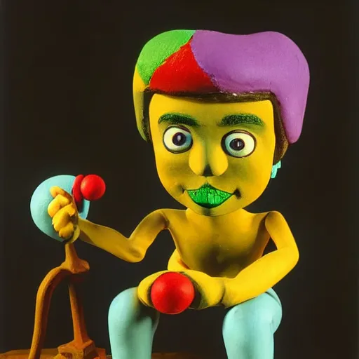 Prompt: a claymation film still of anthropomorphe toy from brazil / collection / ethnographic museum / claymation by jeff koons and andy warhol and giacometti