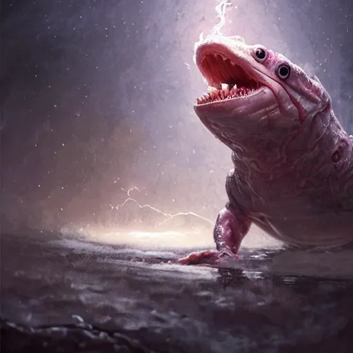 Image similar to highly detailed shocked Axolotl hit by lightning from the sky in a small puddle, thunder, dramatic, dark, fantasy, digital art, hyperrealistic, Greg Rutkowski, Trending on Artstation, highly detailed