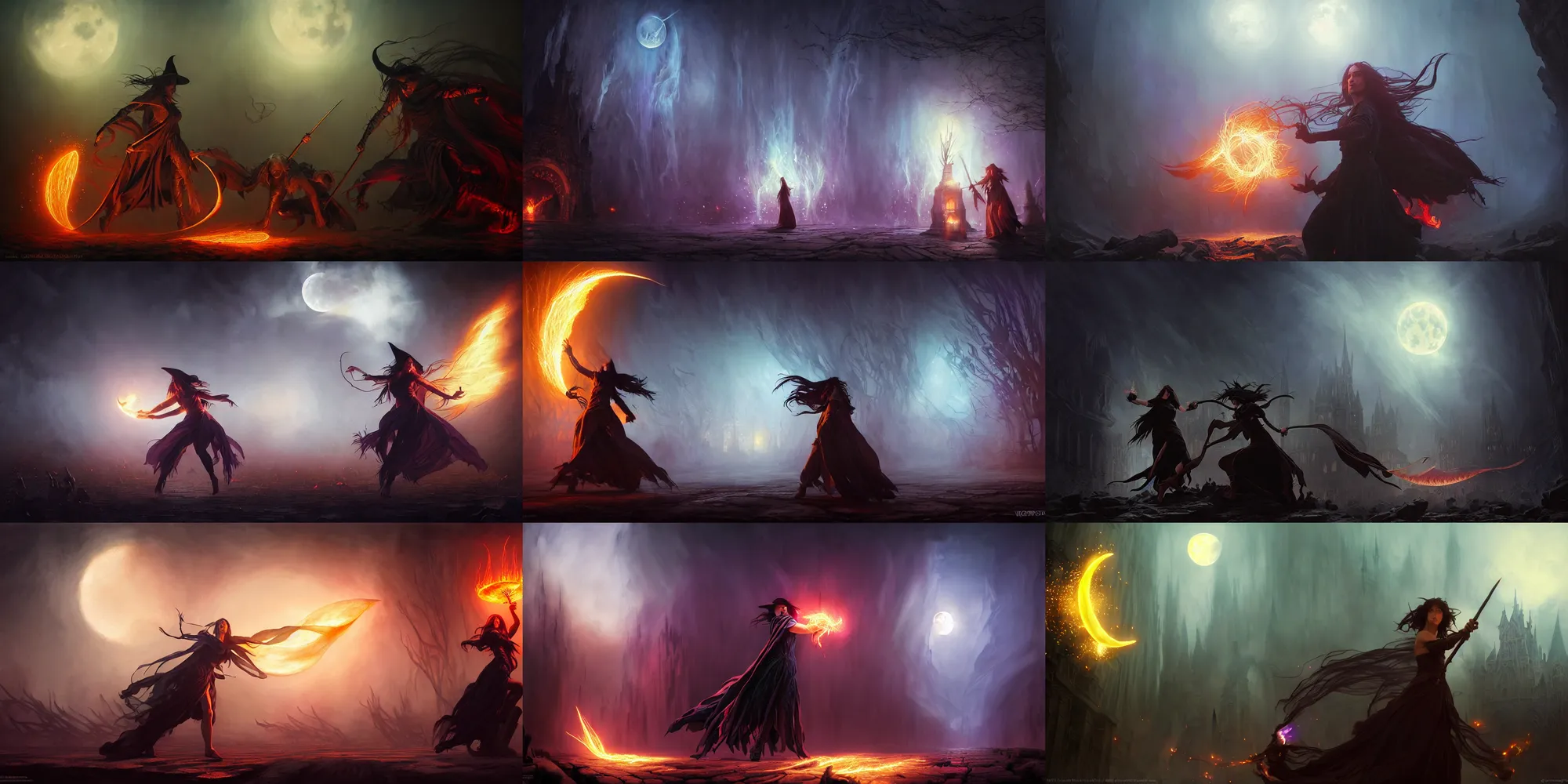 Prompt: sorcerer witch spectacular magic battle movie fight scene, large light magic fire collision, fantasy, night time, intricate, sharp focus, dark light, volumetric fog, moon rim light, illustration, highly detailed, digital painting, concept art, matte, art by wlop and artgerm and greg rutkowski and alphonse mucha, masterpiece, 8 k, cinematic