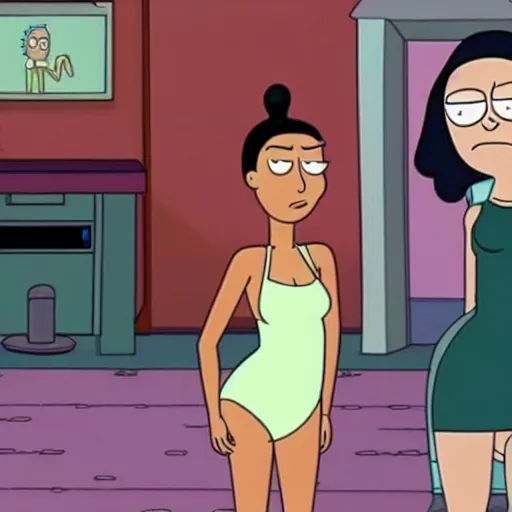 Prompt: kim kardashian in rick and morty doing squats