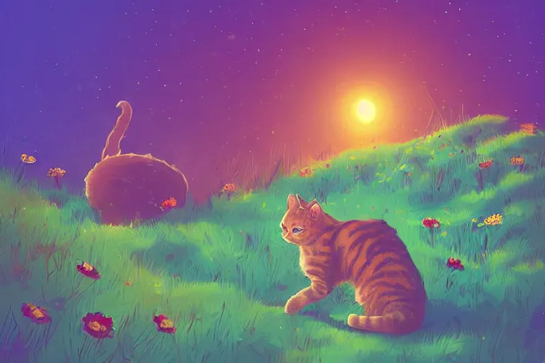 Image similar to a digital art of a cat standing on the top of the hill with flowers around in the afternoon, sunshine, cute, illustration, animal, light effect, highly detailed, by anton fadeev