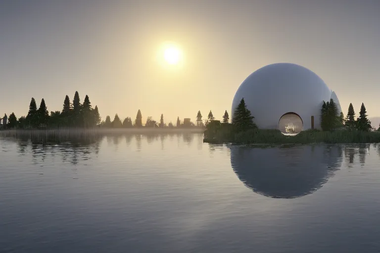 Image similar to many white round spherical buildings, it depends on each other to form a modern science fiction building ， by pierre bernard, on the calm lake, people's perspective, future, interior wood, dusk, unreal engine highly rendered, global illumination, radial light, internal environment