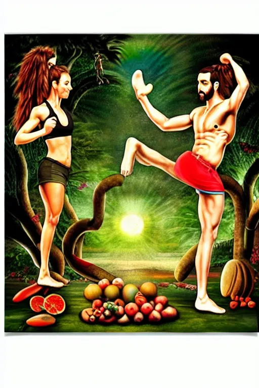 Prompt: 6000 BC From the Garden of Eden Zumba fitness art poster