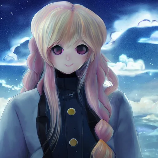 Image similar to blonde - haired princess, anime princess, wearing black jacket and white leggings, greek hillside city, portal in the sky, spinning clouds, portal in sky, strong lighting, strong shadows, vivid hues, ultra - realistic, sharp details, subsurface scattering, intricate details, hd anime, 2 0 1 9 anime