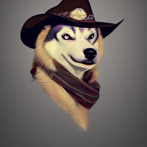 Prompt: a portrait painting of a husky in cowboy costume, wearing a cowboy hat, in the style of anime, humanoid, personify, anthropomorphic, trending on artstation