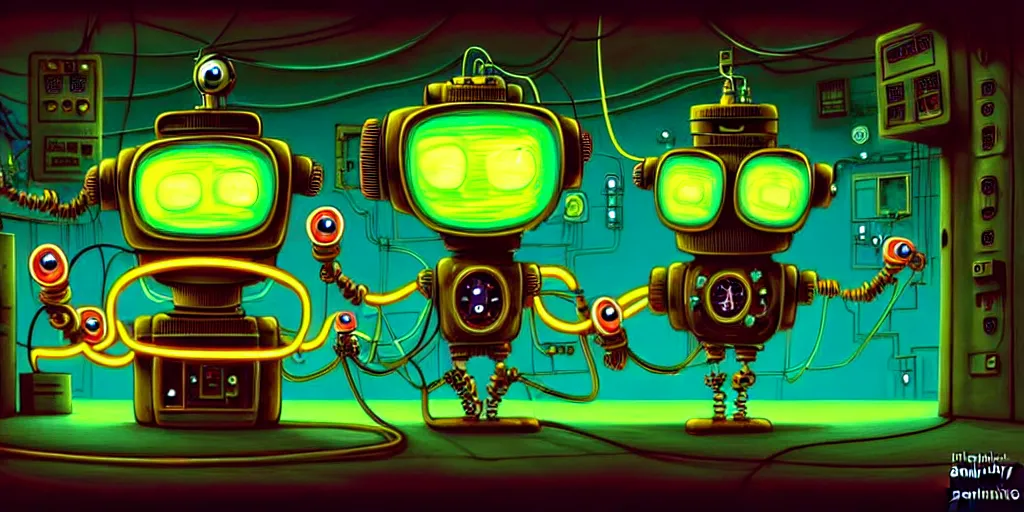 Prompt: steampunk robot happy Funny cartoonish with neon cables at a nuclear control room, by Gediminas Pranckevicius and Felix-Kelly H 704