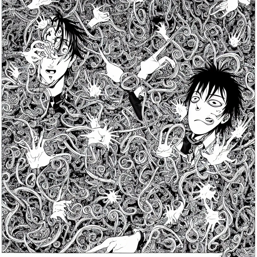 Prompt: manga painting of Playboi Carti, spirals, guro art, black and white, intricate, weird, art by Shintaro Kago