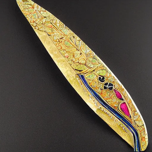 Image similar to artistic knife with jewels and gold inlay in the style of a indonesian keris, photorealistic