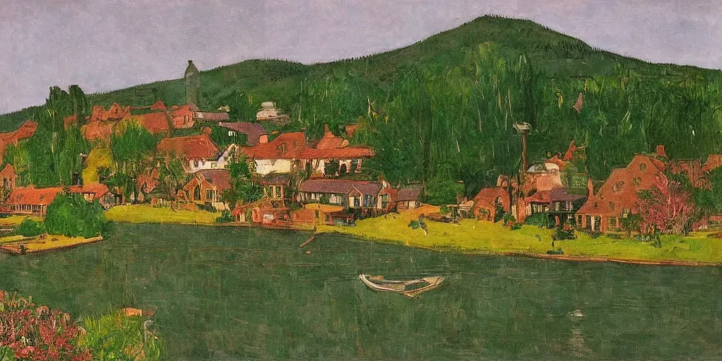 Prompt: beautiful village by the river landscape styled by peter doig, photo realistic