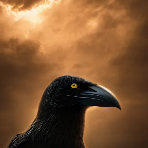 Image similar to Crow Fursuit, center composition, dark clouds, golden hour, dream-like heavy atmosphere, hyperrealistic, beautiful detailed intricate insanely detailed octane render trending on Artstation, 8K artistic photography, photorealistic, dramatic volumetric cinematic perfect light, chiaroscuro, award-winning photograph, masterpiece,