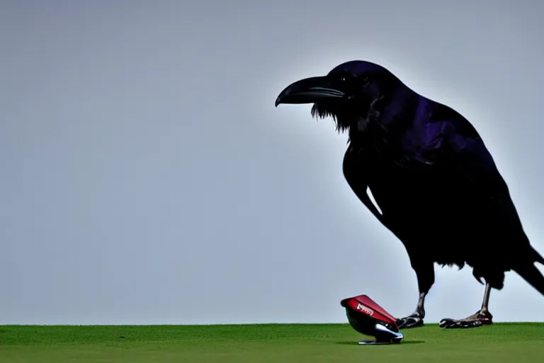 Prompt: A photograph of a raven missing a putt at PGA Tour