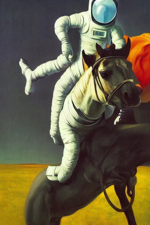 Prompt: a horse riding an astronaut, hauntingly surreal, highly detailed painting by francis bacon, edward hopper, adrian ghenie, gerhard richter, and james jean soft light 4 k,