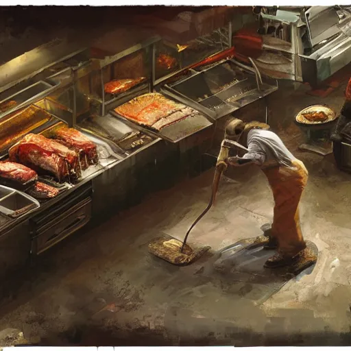 Image similar to low angle view of a butcher working, artwork by craig mullins, high details, octane, unreal engine, from below, worms - eye - view, close - up!!!!!