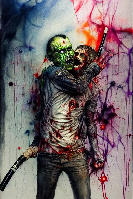 Image similar to zombie policeman beating up a gang member with his baton by agnes cecile, enki bilal, brian froud, bernie wrightson, intricated details, 3 / 4 view, full body portrait, extremely luminous bright design, horror, pastel colours, toxic drips, autumn lights