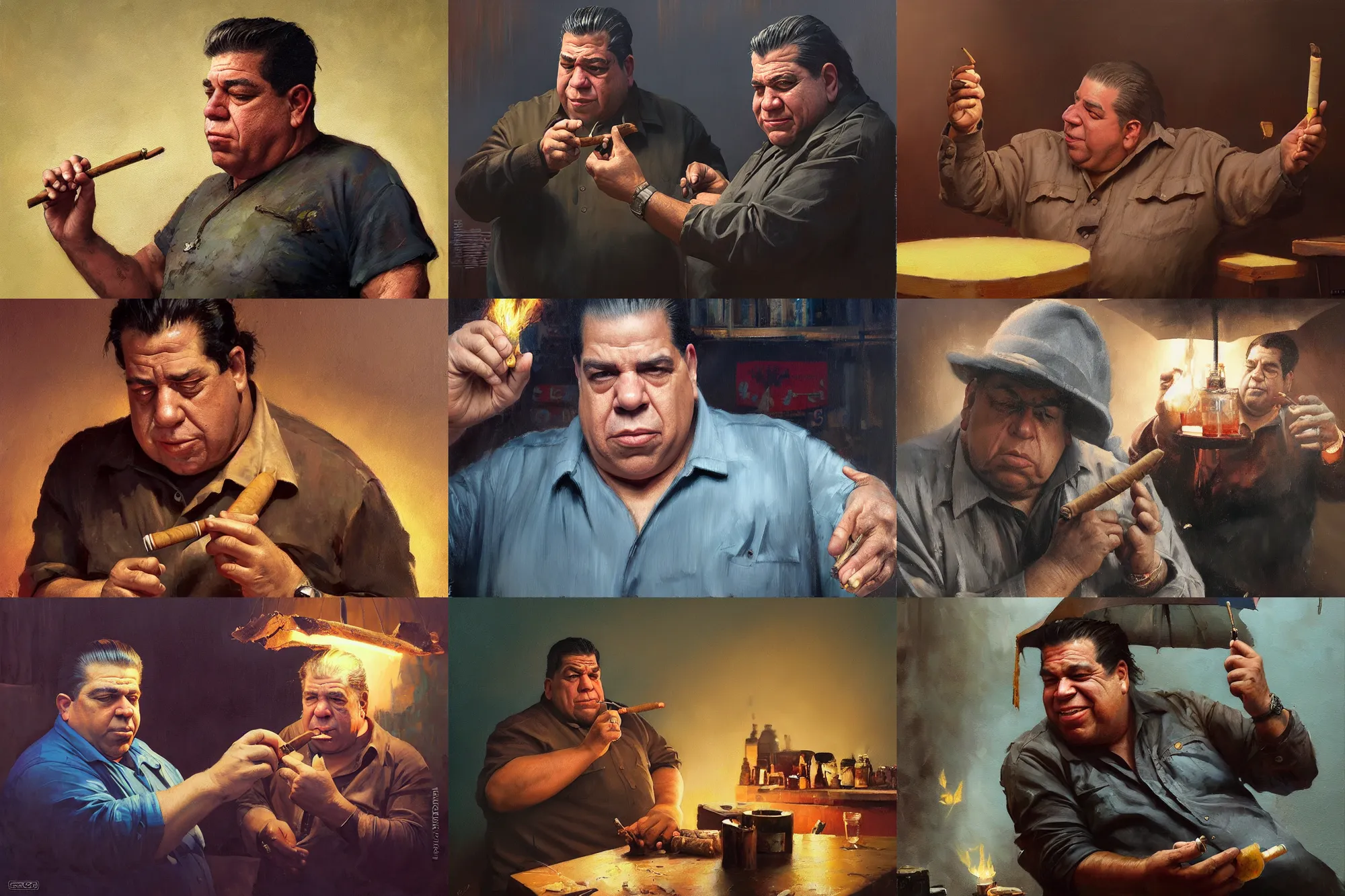 Prompt: an oil painting of uncle joey diaz offering you a cuban cigar, ultra realistic, highly detailed, masterpiece, cinematic by greg rutkowski, frank frazetta, beeple, christian macnevin, beeple, wlop, krenz cushart, epic character art, volumetric lighting, cgsociety