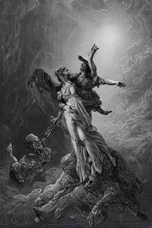 Image similar to A maiden dancing with the devil in the style of Gustave Dore