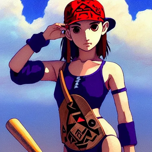 Image similar to beautiful boyish natalie portman alluring gravure model in majora's mask, wearing wooden mask and baseball cap and leotard, street wear with subtle mayan patterns, aztec bathing suit, gapmoe yandere grimdark, trending on pixiv fanbox, painted by greg rutkowski makoto shinkai takashi takeuchi studio ghibli, akihiko yoshida