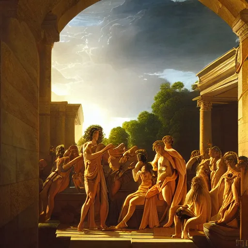 Image similar to Homeric mesmerizing inner sanctum of the most venerable and beautiful truth, in the style of Jeff Easley, Jacques-Louis David, Howard Lyon, Ken Kelly, Élisabeth Vigée Le Brun, dramatic lighting, establishing shot, detailed and clear beautiful realistic faces, 8k resolution – W 1024