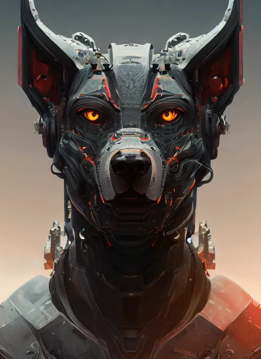 Image similar to high intricate portrait of a cyborg hellhound, maria panfilova, andrea savchenko, mike kime, ludovic plouffe, qi sheng luo, oliver cook, makoto shinkai, trending on artstation