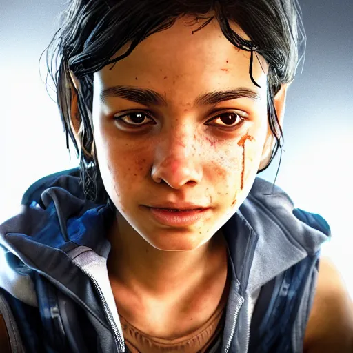 Image similar to portrait art of clementine from game the walking dead by telltale games, 8 k ultra realistic, lens flare, atmosphere, glow, detailed, intricate, full of colour, led lighting, 4 k, hyperrealistic, focused, extreme details, unreal engine 5, masterpiece