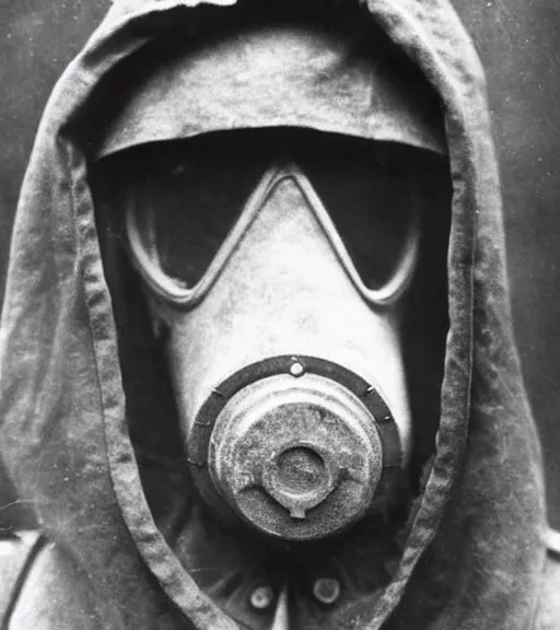 Image similar to a man in hooded gas mask, ww1 film photo, grainy, high detail, high resolution