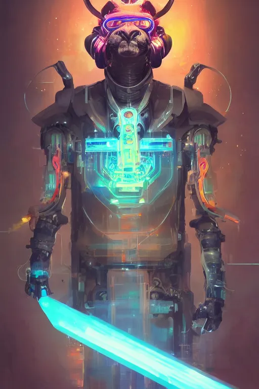 Image similar to portrait of a cybernetic samurai with holographic llama face, cyberpunk concept art by pete mohrbacher and artgerm and wlop and greg rutkowski and deathburger, digital art, highly detailed, intricate, sci-fi, sharp focus, llama, Trending on Artstation HQ, deviantart, unreal engine 5, 4K UHD image, daily deviation, llama llama