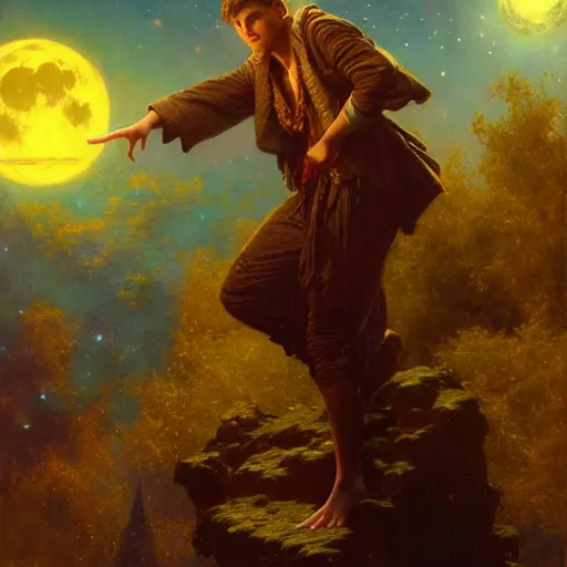 Prompt: attractive male wizard magically floating high in the night, fantasy, full moon in background. highly detailed painting by gaston bussiere, craig mullins, j. c. leyendecker, mid shot, 8 k