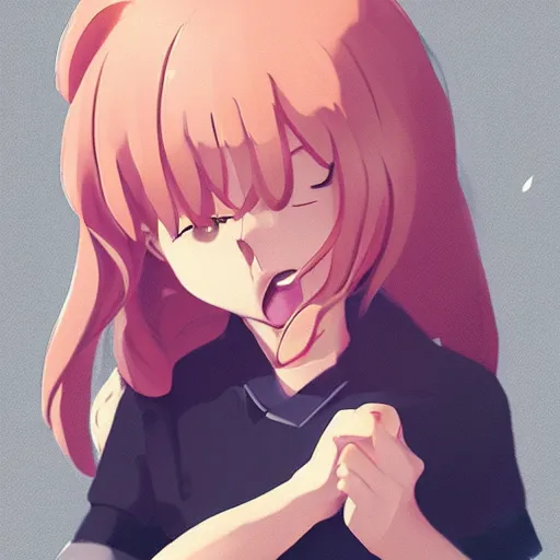 Image similar to a young girl yelling after she hurts her foot stepping on a lego, anime, drawn, artstation, wlop